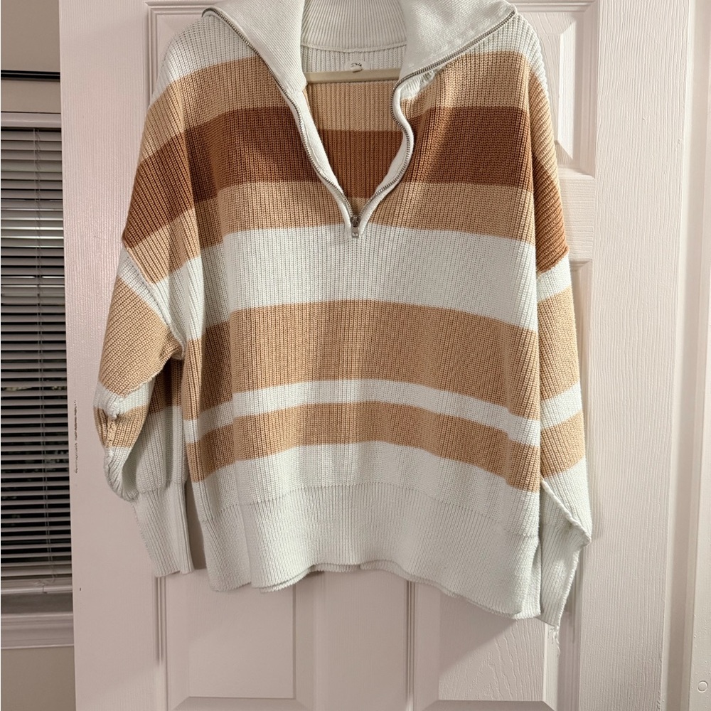 Aerie Quarter Zip Sweater - Cream and Tan Stripes